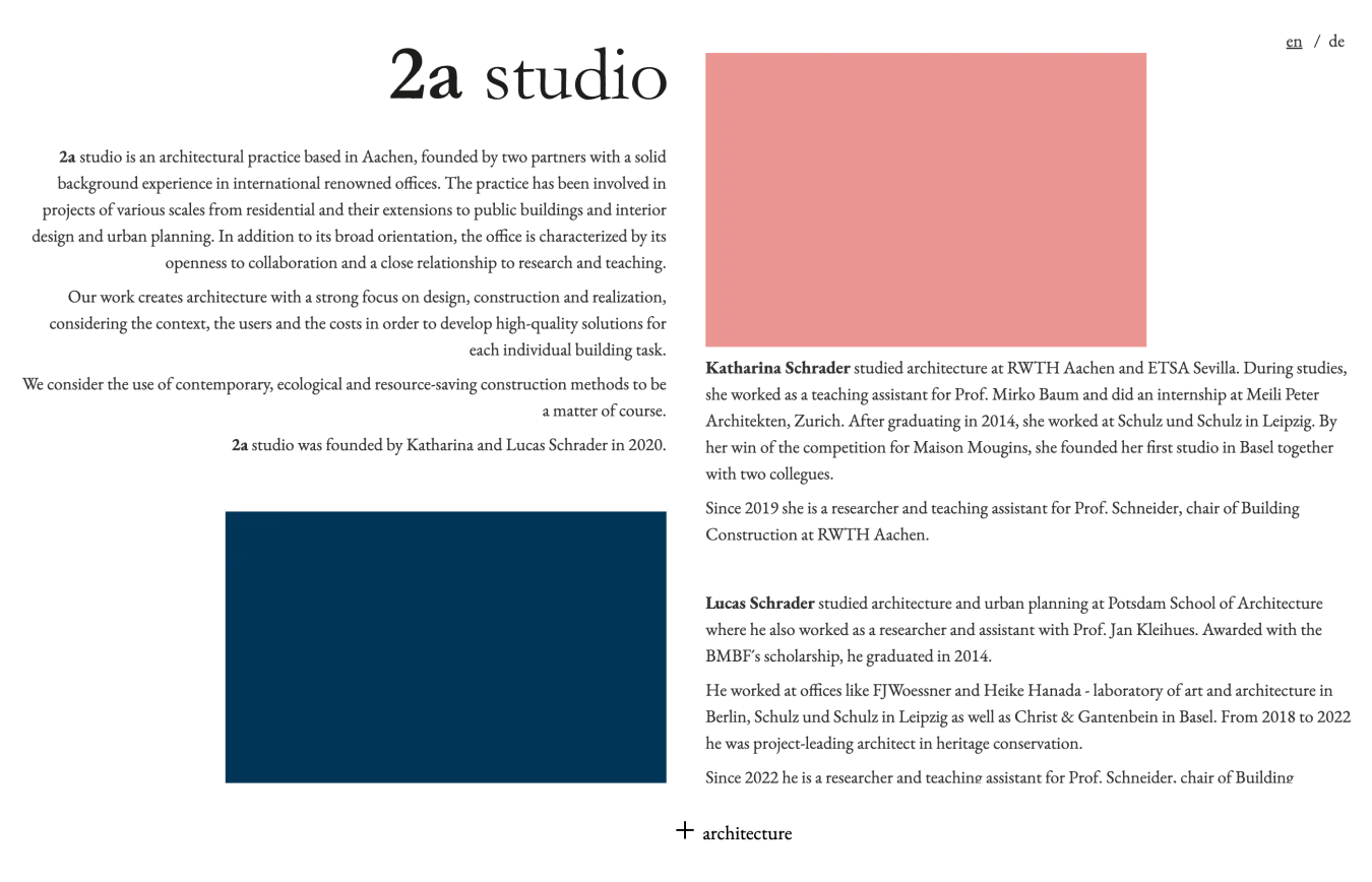 Screenshot of the page about which introduces the studio and the two architects in short texts.