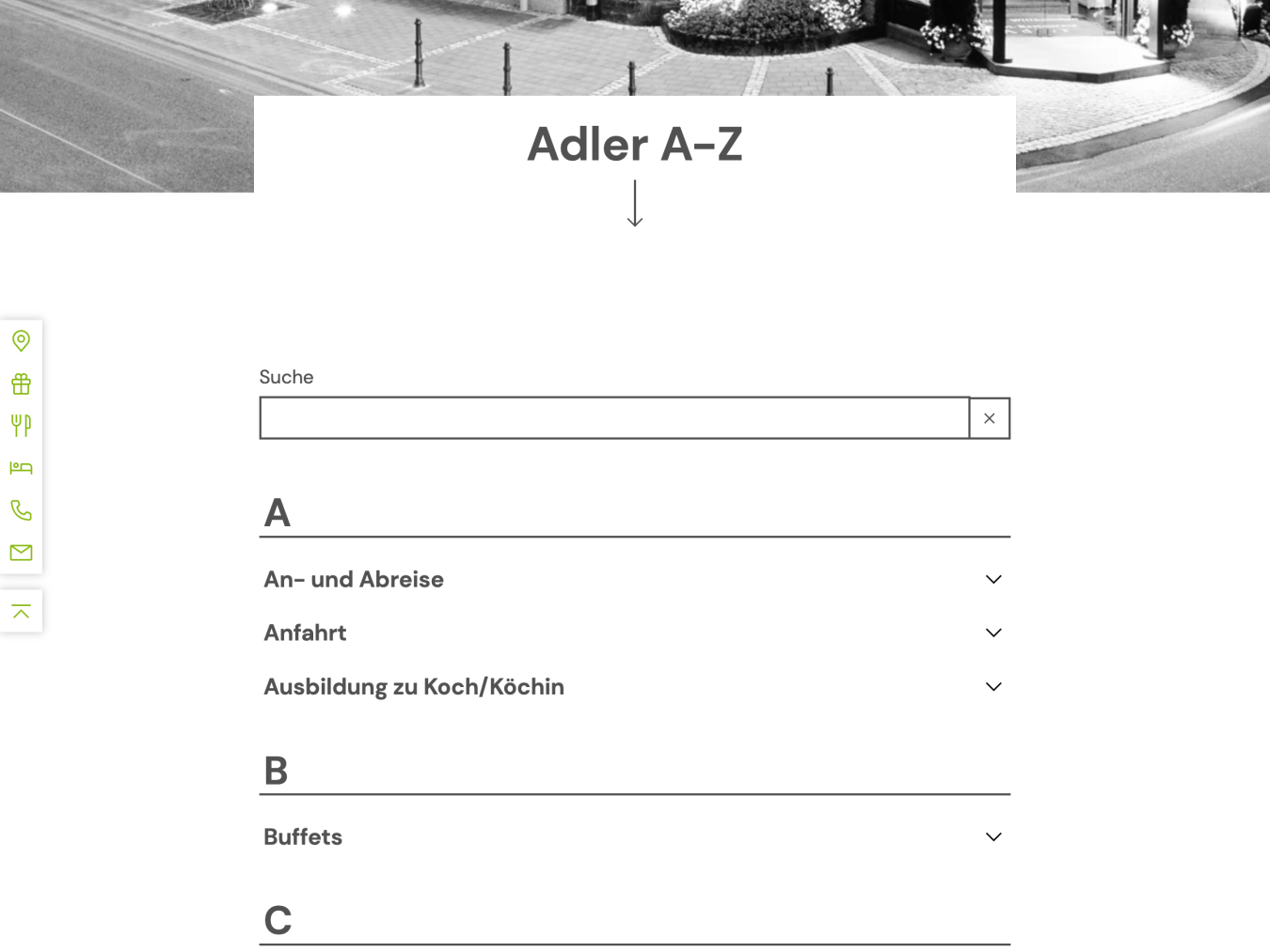 Screenshot of the "Adler A-Z" page, which lists information on various relevant topics relating to the hotel and restaurant