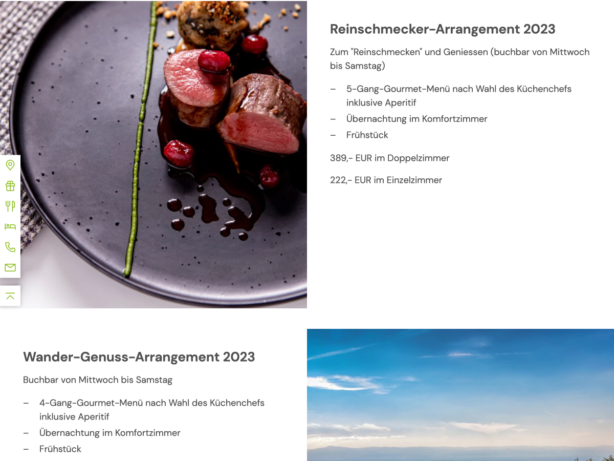 Subpage of the website with information about different bookable arrangements in the restaurant