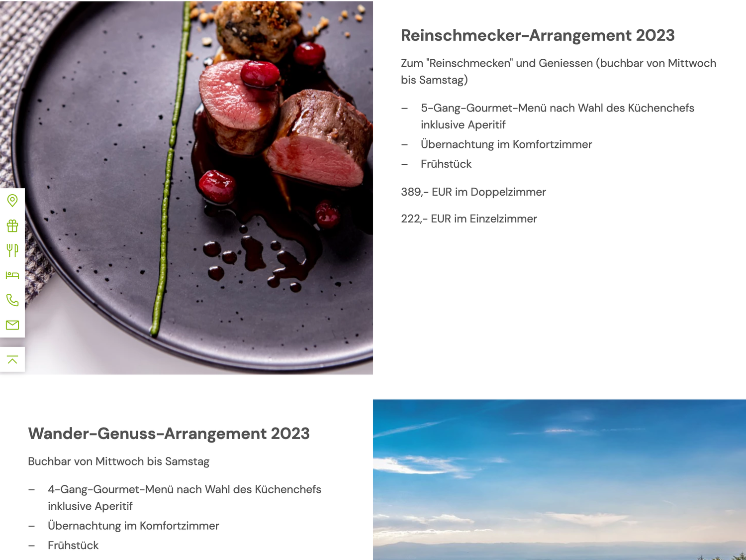 Subpage of the website with information about different bookable arrangements in the restaurant