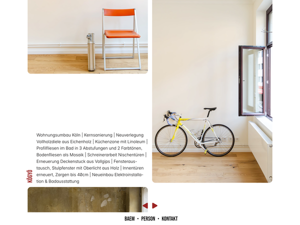 The &lsquo;Kōgyō&rsquo; project page features a number of minimalist photographs of an empty flat in an old building, in which various objects have been placed. The images show an orange armchair, a briefcase and a road bike. The page also displays the project title and a brief description.