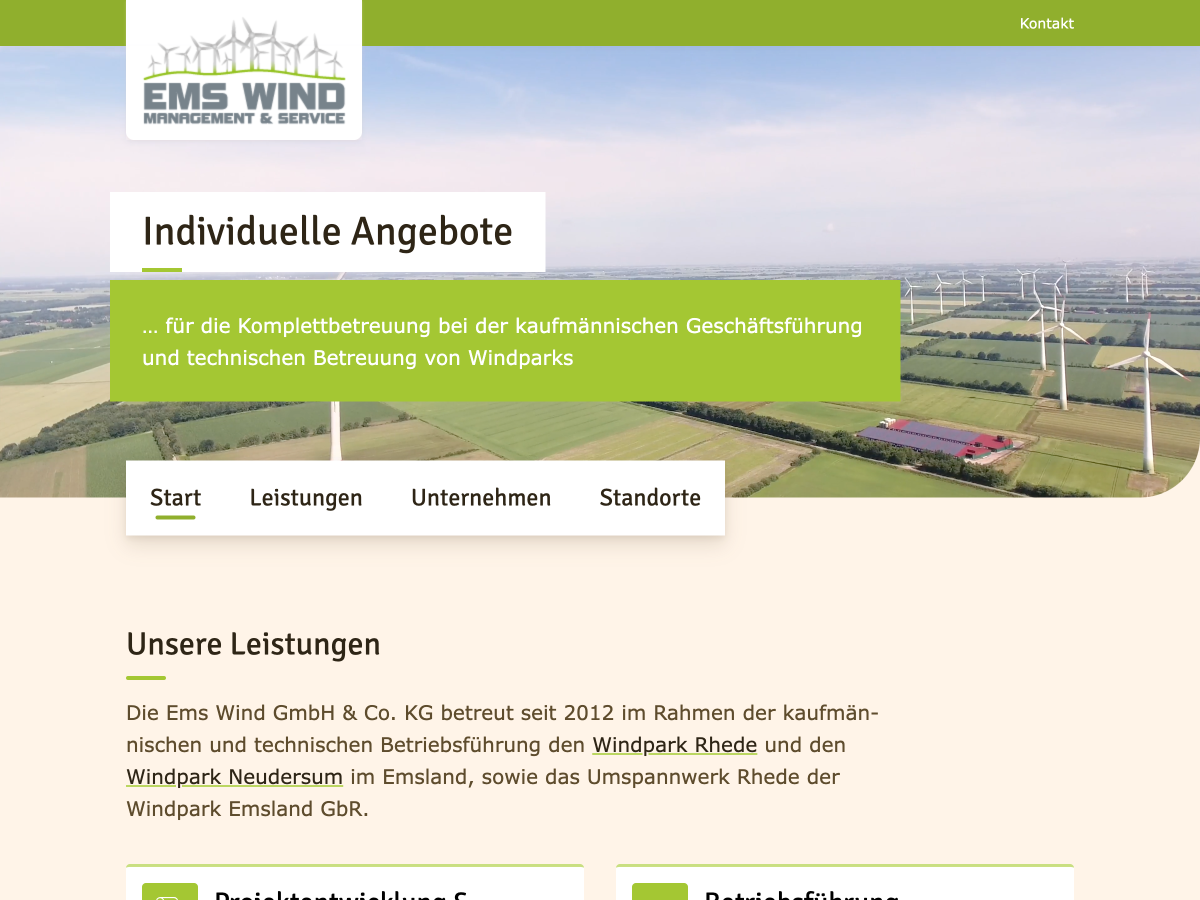 Screenshot of the home page of Ems Wind's website with a video in the page header, a navigation bar and text about the company's services.