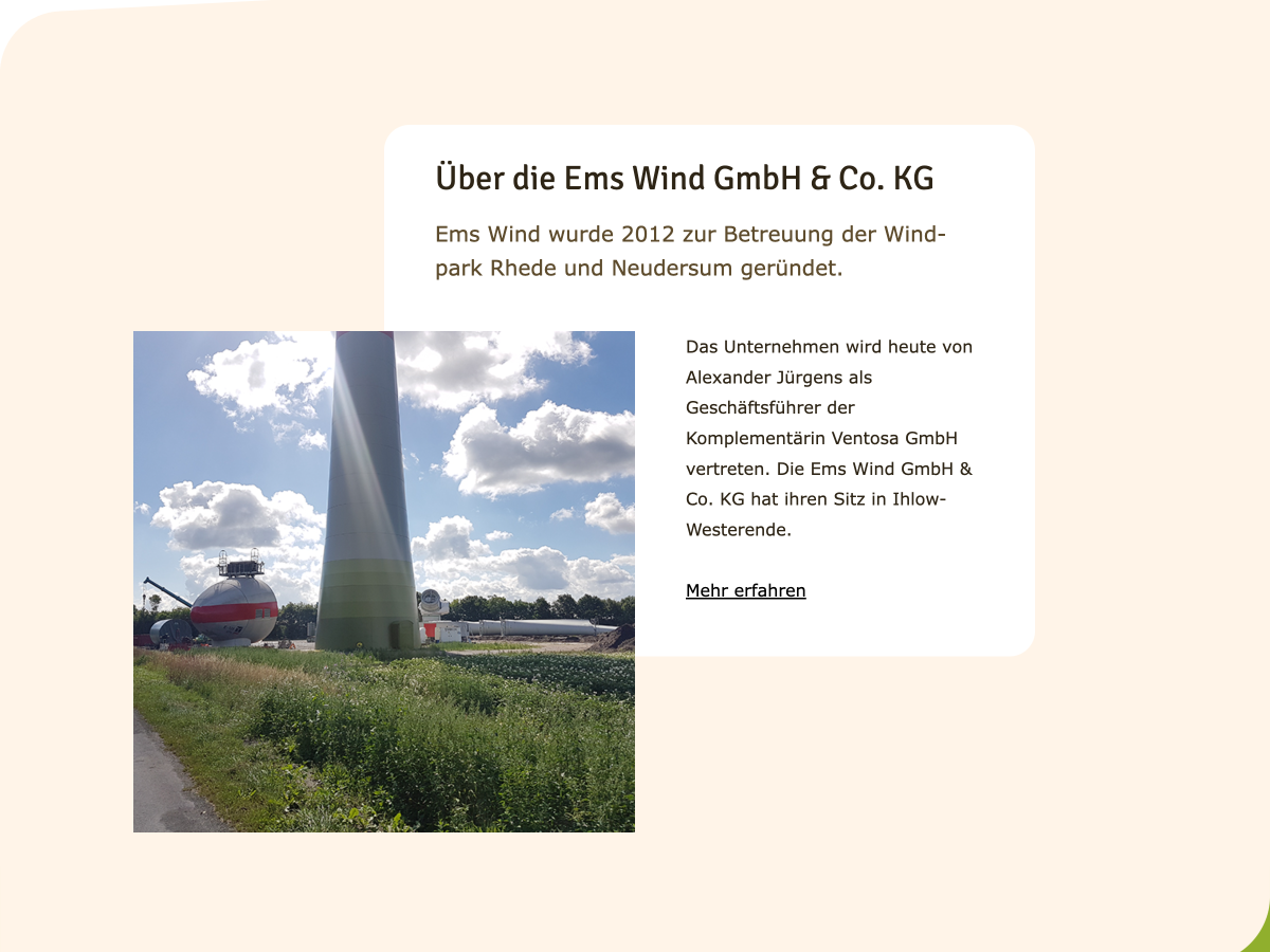 Page section "About Ems Wind GmbH & Co. KG" with a short text about the company.