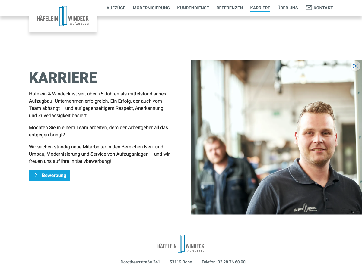 Screenshot of the "Career" page with a short text about Häfelein & Windeck as an employer