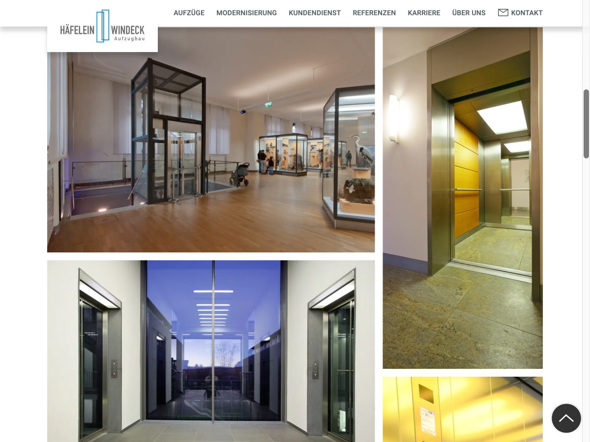 Screenshot of a large image gallery on the "Passenger elevators" subpage