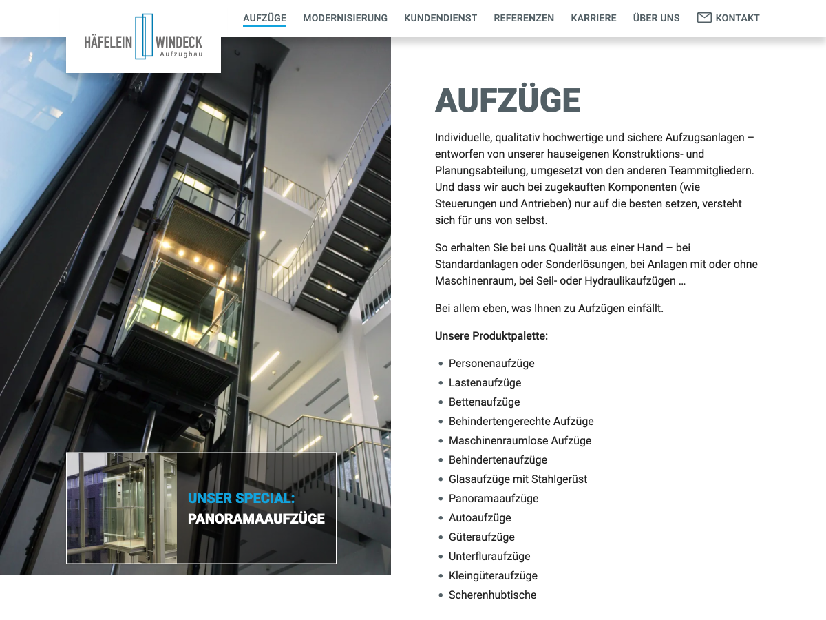 Screenshot of the "Elevators" subpage with a large image on the left and a column of text in the right column