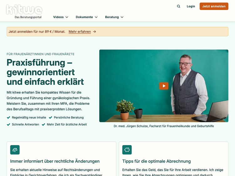 The homepage features a navigation bar, a banner promoting subscriptions and an overview of Kitwe&rsquo;s services. The portal promises &ldquo;Practice management &ndash; profit-oriented and explained simply&rdquo;.