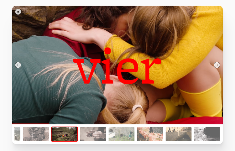 Screenshot of the video player element, where nine videos can be activated via thumbnails and played as a Vimeo video.