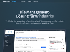 Home page of the website. The website has a blue background, a navigation bar at the top of the screen and shows a screenshot of the software. "The management solution for wind farms" is written in large letters above the screenshot.