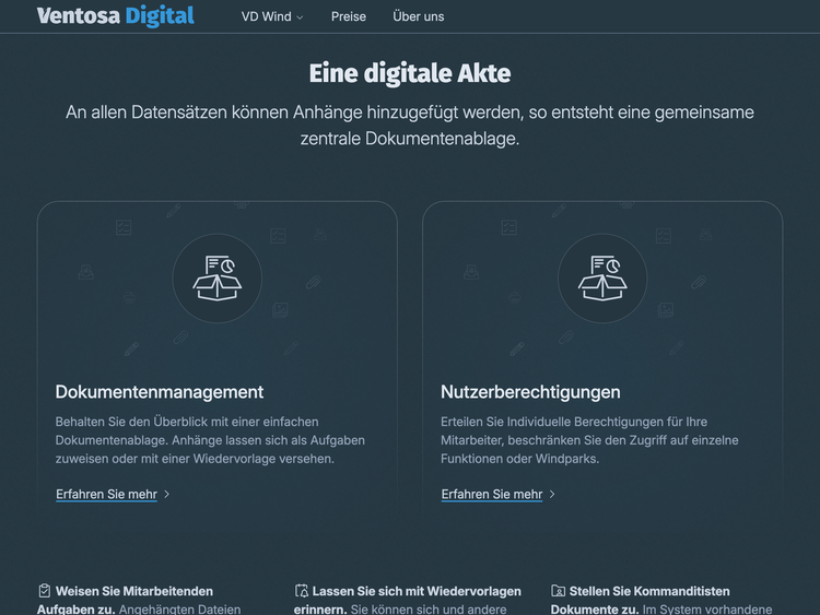 Part of the homepage. The screenshot shows the heading &lsquo;A digital archive&rsquo; and two subsections on document management and user authorisations.