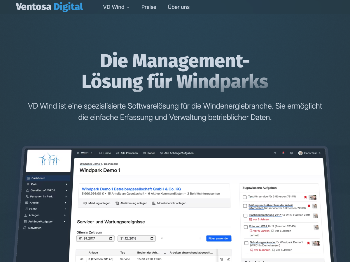 Home page of the website. The website has a blue background, a navigation bar at the top of the screen and shows a screenshot of the software. "The management solution for wind farms" is written in large letters above the screenshot.