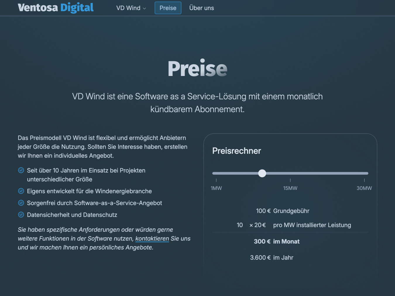 Screenshot of the pricing page. The page lists some reasons for using the software on the left-hand side and on the right-hand side there is a price calculator that illustrates the licence model.