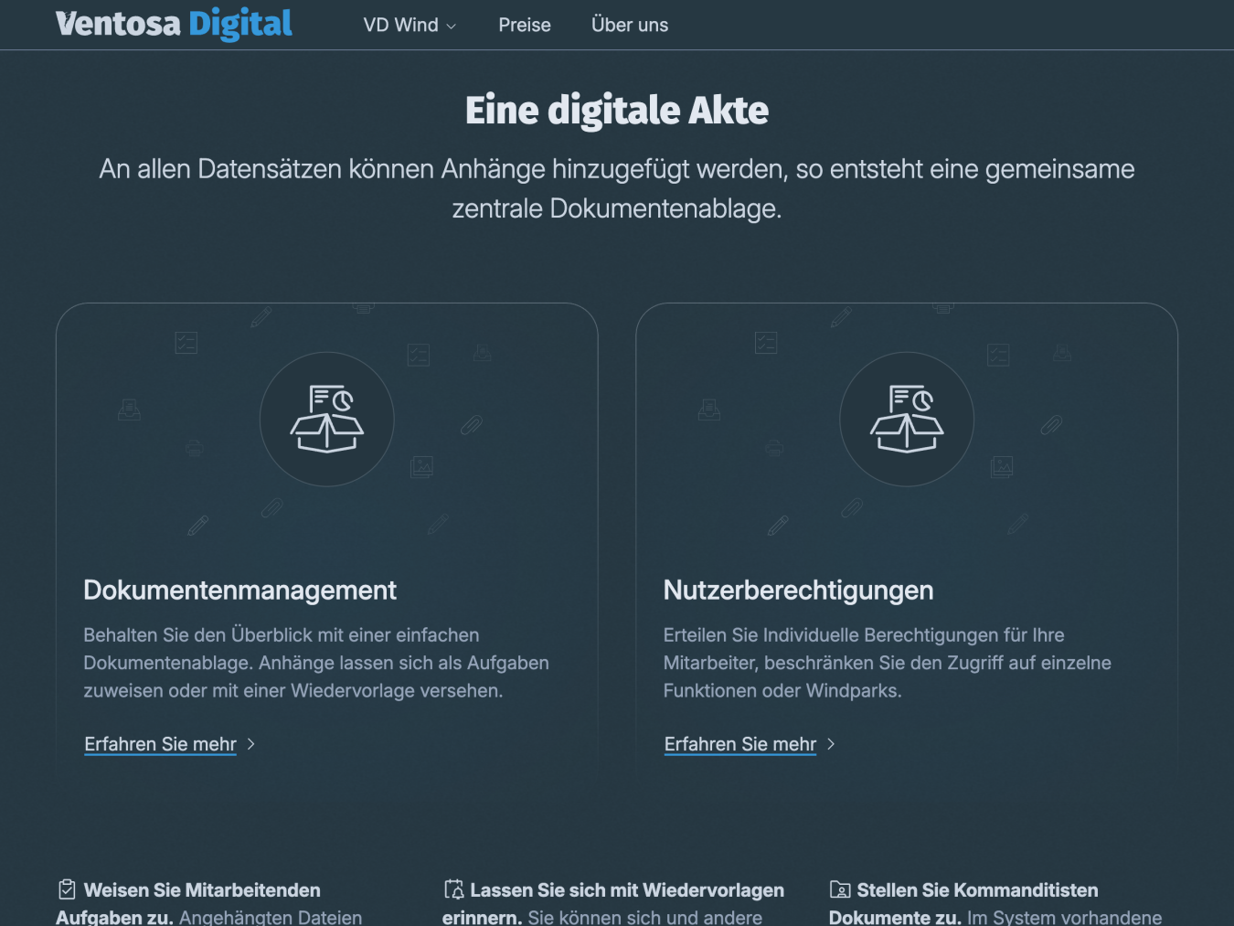 Part of the homepage. The screenshot shows the heading ‘A digital archive’ and two subsections on document management and user authorisations.