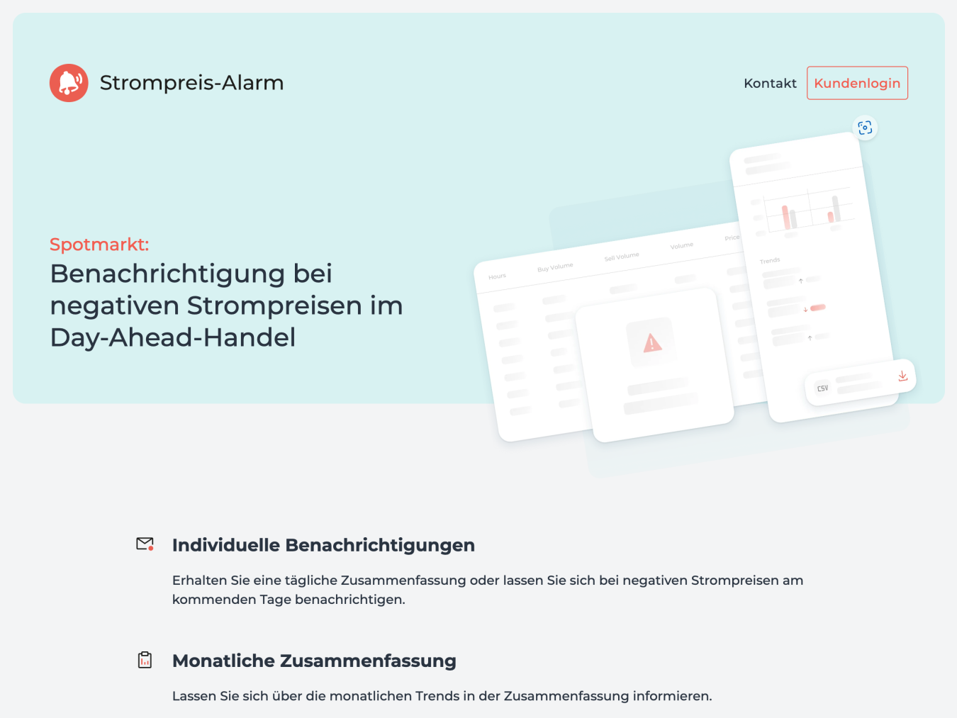 Screenshot of the start page of the website strompreis-alarm.de