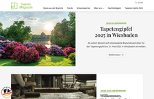 The homepage screenshot shows the logo, the navigation bar, a featured article and a list of articles. The featured article promotes the Tapentengipfel 2025 in Wiesbaden.