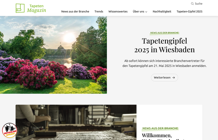 The homepage screenshot shows the logo, the navigation bar, a featured article and a list of articles. The featured article promotes the Tapentengipfel 2025 in Wiesbaden.