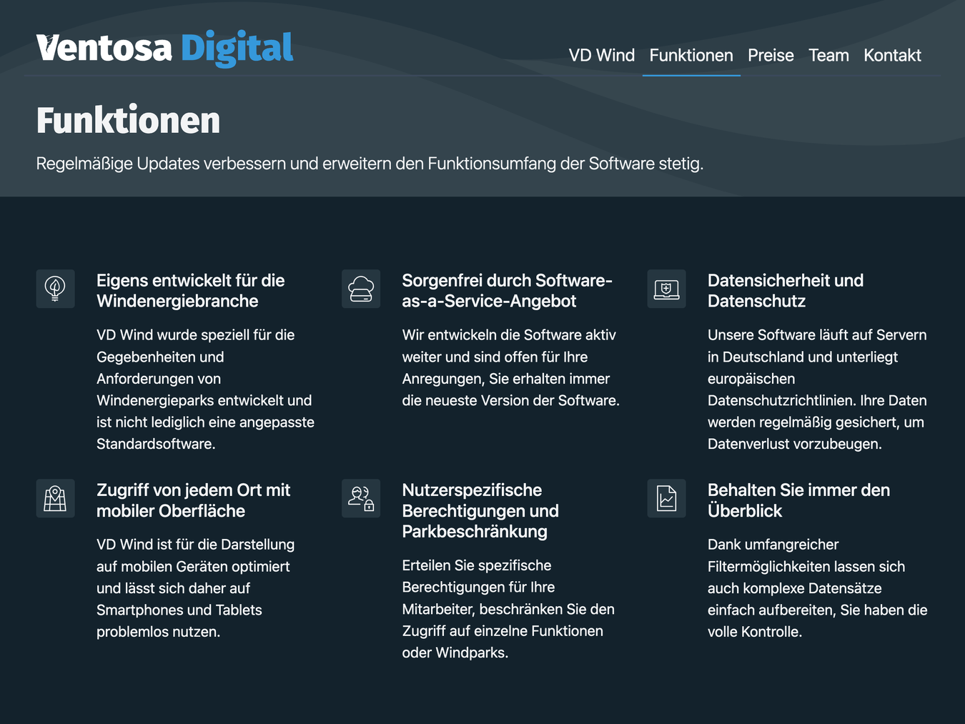Screenshot of the "Functions" subpage with a list of functions of the "VD Wind" software.