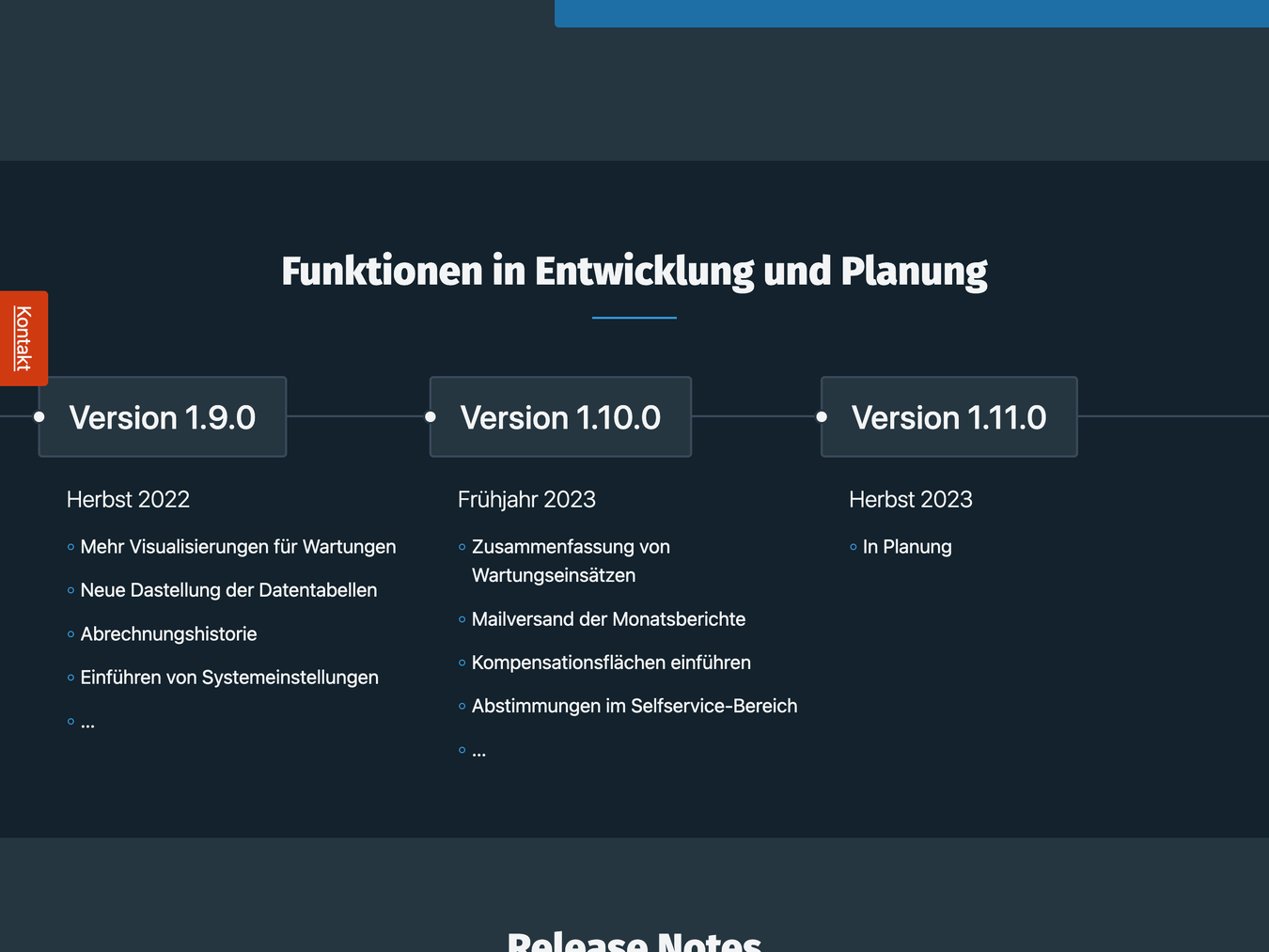 Roadmap page section previewing the features of the next three versions of the VD Wind software.