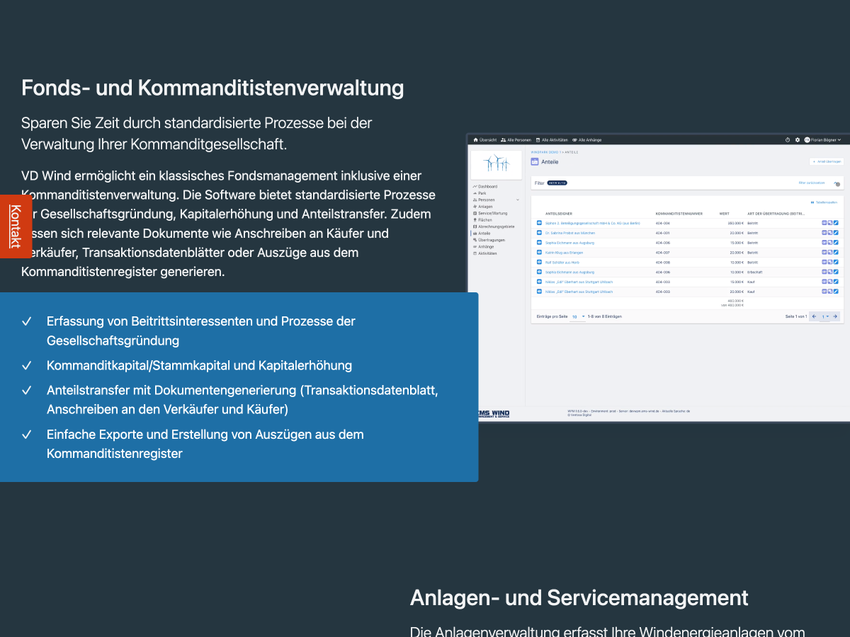 Page section "Fund and limited partner administration" with a screenshot of the software and an explanation text.