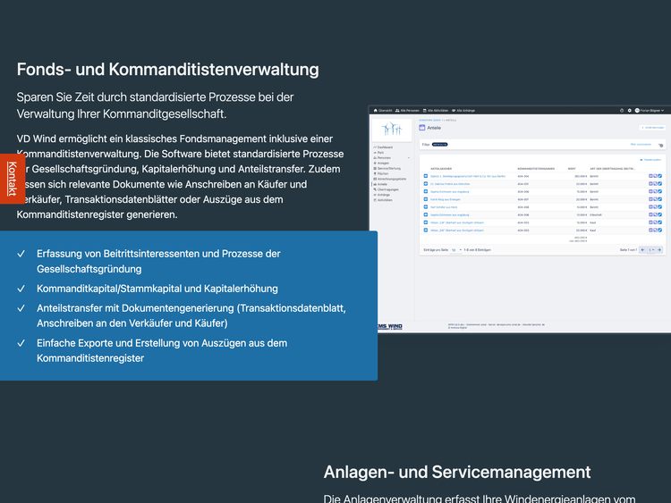 Page section "Fund and limited partner administration" with a screenshot of the software and an explanation text.