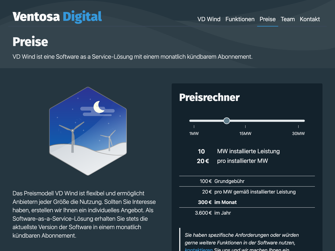 Prices" subpage with an interactive price calculator and an animated graphic.